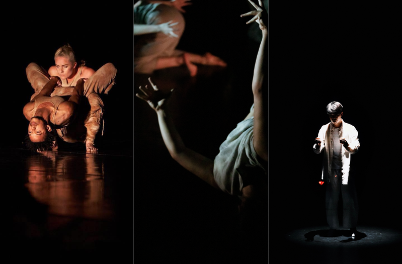 This image is divided into three parts. On the left, two figures are illuminated by yellow light as one person squats holding another who is upside down, leaning backward and wrapping their thighs around the squatting person. In the centre, close-up of a person’s arms with fingers spread, reaching behind their back while lying face down in a lightly lit dark setting. On the right, a person dressed in white stands in a dim spotlight against a dark background, holding their hands raised to chest level in a gesture, with their face hidden in shadow.