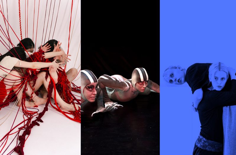 This image is divided into three parts. On the left, three people sitting, wearing white tops and short red skirts, stretching their legs and arms forward with fingers spread, caught amid a network of red and white strings cascading from above. In the centre, two people caught in a prowling motion in a dark theatre setting, wearing skintight grey-and-white costumes with matching caps, makeup, and gloves tipped with long, spiky fingers, evoking lizard-like creatures. On the right, blue-filtered image of two people wearing black tops, one also in grey tracksuit trousers, with one carrying the other on their shoulder and both holding a forward gaze.