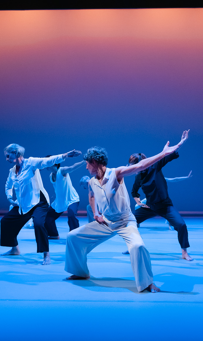 A company over of Over 60s dancers on stage in front of a sunset background.