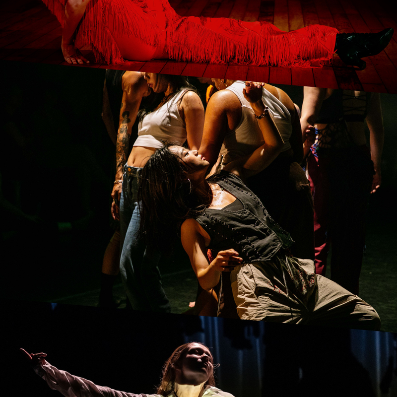 The image is divided into two parts. On the top, a dancer in a red fringed outfit performs a deep back-arched floor pose on a dimly lit wooden stage. In the middle, a group of people in formation, with the central figure wearing a black studded gilet and beige loose trousers, leaning backward and raising an arm above their face. On the bottom, a person in a white shirt and black trousers raises one arm sideways in dim, warm light, with shadows across their shirt forming three silhouetted figures.