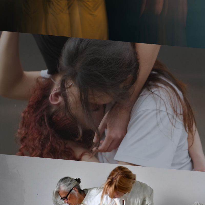 This image is divided into three parts. On the top, a blurred photo shows a group in uniform grey dresses standing in formation with their backs to the audience, arms raised overhead, while one figure stands off to the right, set apart with arms resting by her sides. In the middle, two people are embracing, with one suspended above and hanging downward, wearing a black T-shirt and jeans, while the other stands below, wearing a white T-shirt and blue jeans. On the bottom, two people wearing all-white attire kneel closely together, one partly atop the other, looking sideways, on a rectangular white drape marked with abstract multicoloured lines.