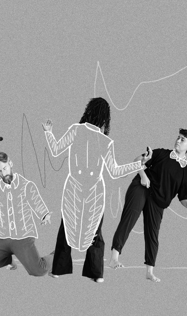 Black-and-white image of four performers and a violinist against a plain backdrop. White hand-drawn lines are layered over the photograph, outlining costumes and adding abstract shapes around the figures.