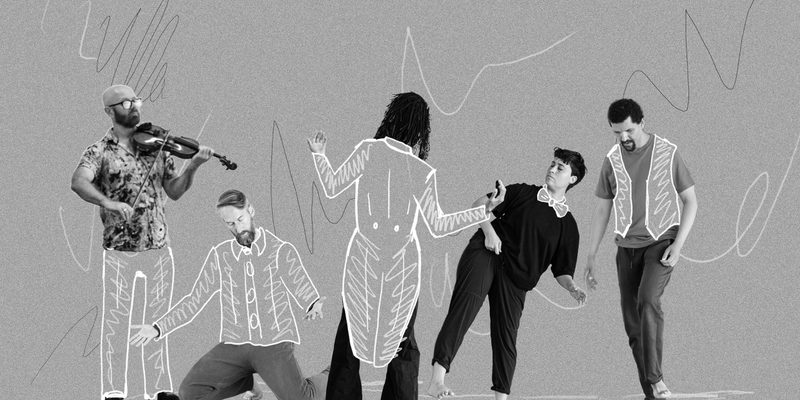 Black-and-white image of four performers and a violinist against a plain backdrop. White hand-drawn lines are layered over the photograph, outlining costumes and adding abstract shapes around the figures.