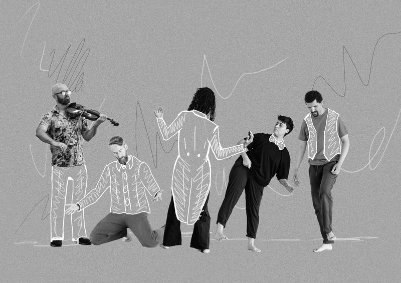 Black-and-white image of four performers and a violinist against a plain backdrop. White hand-drawn lines are layered over the photograph, outlining costumes and adding abstract shapes around the figures.
