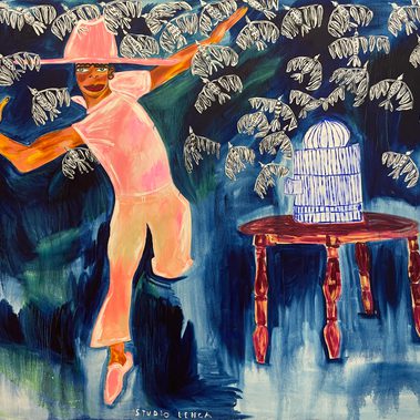 A image of Studio Lenca's painting Flock. The background is a bluish colour and on the right hand side is a red table with a white object on top. A person is on the left hand side.