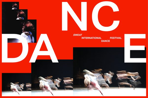 Image of SWEAT Festival logo. At the bottom of the image is is a series of collages of people dancing. The letters D A N C E are scattered on the image. The background colour of the image is red.
