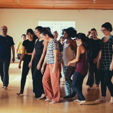 In a dance studio, many different people are standing up, moving around, enjoying themselves as they perform a dance task.