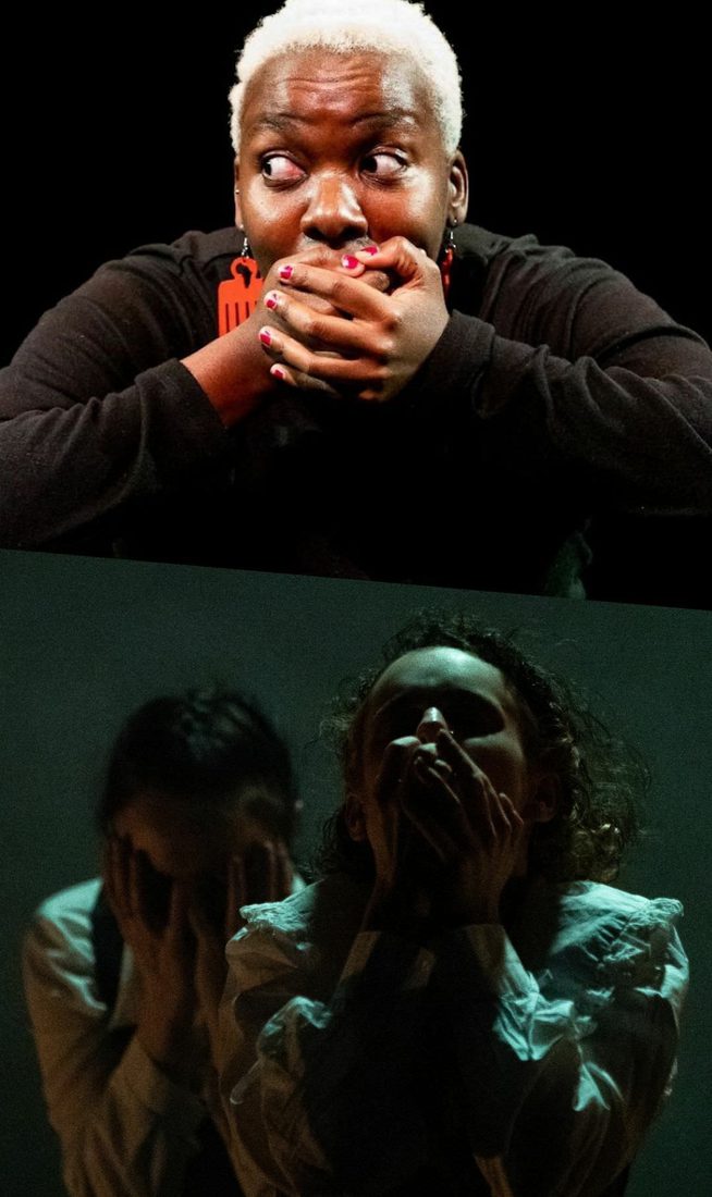 The image is divided into two sections. On the top, against a black background, a person with short, curly white hair, wearing large red earrings, a black long-sleeve top, and a colourful patterned skirt, are shown from the hips up, stretching their arms to the sides and opening their mouth in a scream or alarmed expression. The bottom part shows a person with curly hair wearing a white shirt, seen from the waist up in low light, covering their mouth with their hands as if distressed.