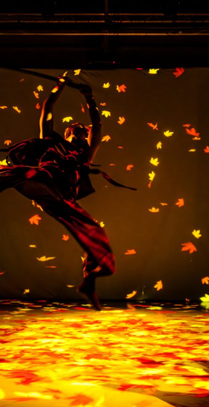 A man suspended mid-jump in a martial arts pose, holding a sword overhead, surrounded by falling leaves.