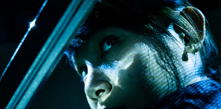 Close-up of a woman gazing from beneath a sword blade that partially covers her face.