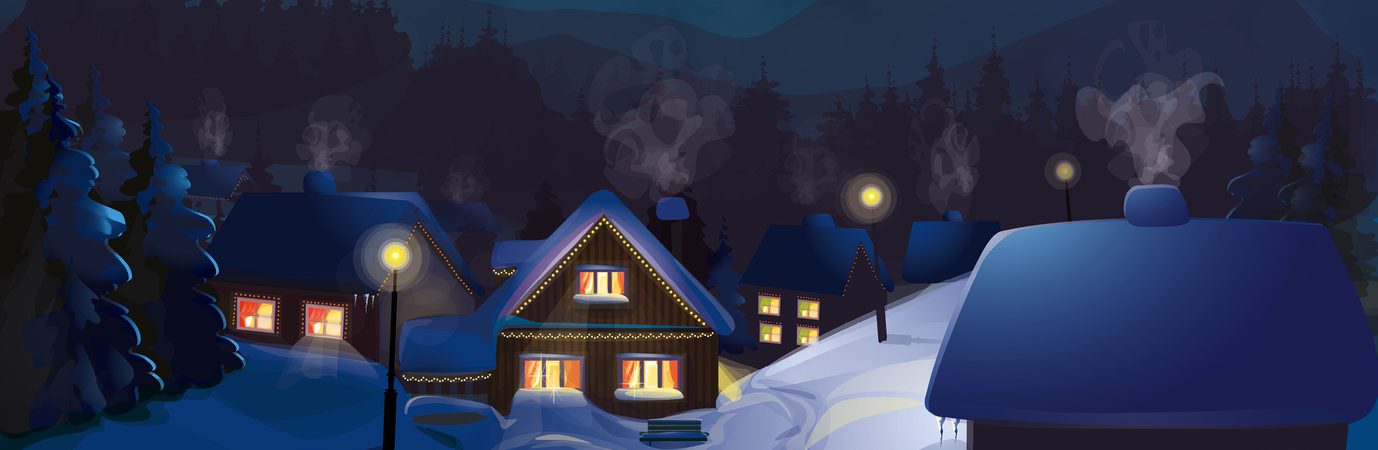 An illustration of a snowy village at night.