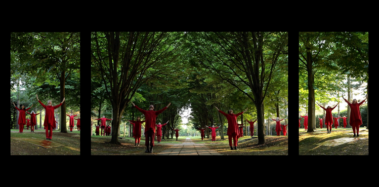 A triptych of images, the central one of a dancer amongst trees in a shimmering gold outfit, the two outer images are mirror image portraits of a fair haired little girl, thinking quizzically in vivid red.