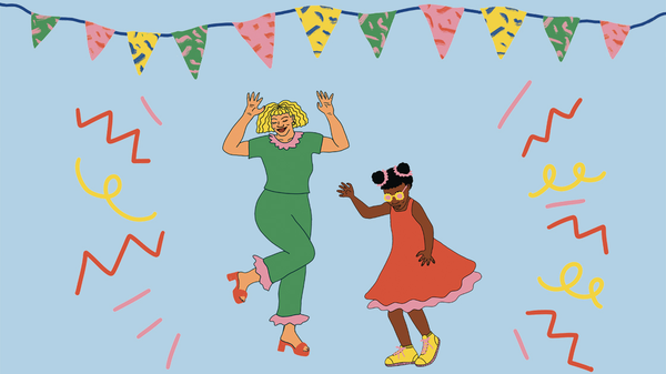 An illustration of an adult dancing with a child. The background is light blue and there is illustrations of bunting.