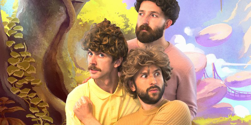 A landscape watercolour background of a forest, lake and bridge. In the centre of the image are three men tightly pressed together, all with brown and curly short wigs, looking different directions with fearful expressions.