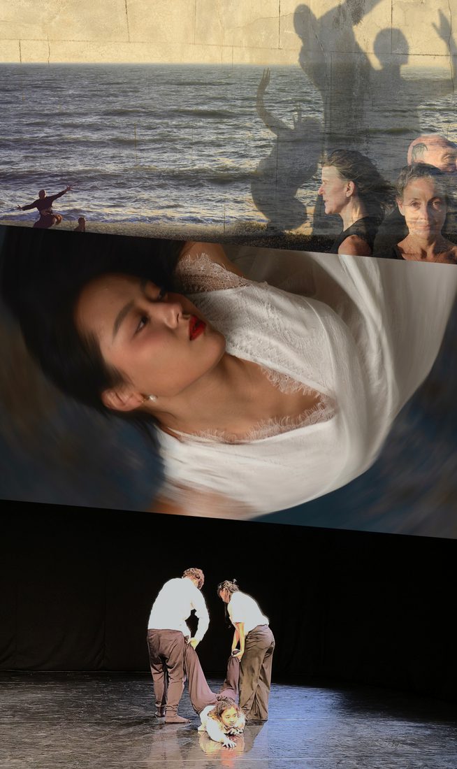 This image is split into three parts. On the top, a layered image featuring a sea with two distant figures standing before it, a light brick wall casting shadows of three posing figures, and three people shown from the shoulders up, one facing forward, with two behind her in profile facing right and left. In the centre, blurred image of a person with long black hair, seen upside down, wearing a long white dress, leaning sideways with arms raised to shoulder level and elbows bent at right angles. On the bottom, three people, all wearing white t-shirts and black trousers, are in an all-black theatre setting, with two standing back to the audience, lifting the legs of a third person lying on their stomach, looking forward and reaching ahead.