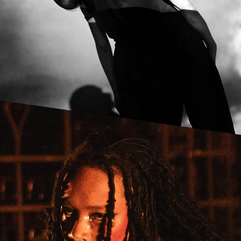 This image is divided into two parts. On the top, black-and-white photo of two people, one in a black T-shirt and trousers leaning back and looking sideways while holding another partly hidden behind them with an arm wrapped around their neck. On the bottom, person with long black braids wearing a nude camisole, shown from the shoulders up at a diagonal angle, holding an intense gaze under warm light.