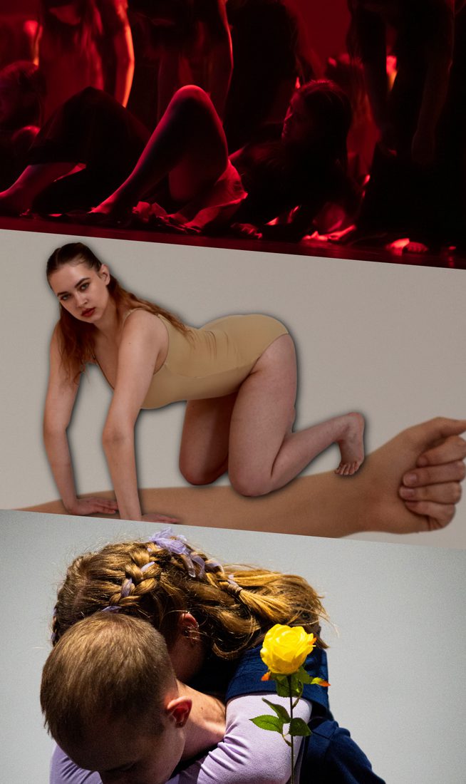 This image is divided into three parts. On the top, in red light, two rows of people, with the front row lying on their backs propped on elbows with knees bent, and the row behind leaning forward with arms hanging down. In the centre, an extended arm clenched in a fist, dressed in a sheer, beige stocking which is being pulled down by another hand, and with a disproportionately small person, wearing a beige leotard, crouching on all fours atop the arm, gazing toward the viewer. On the bottom, a person with short hair wearing a blue shirt leans forward with their face down, holding on their back another person whose hair is long and partially braided, wearing a navy T-shirt layered over a light purple long sleeve, and holding a yellow rose in their hand.