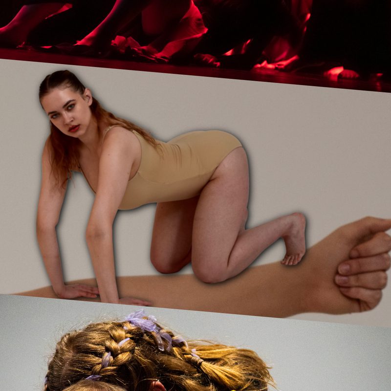 This image is divided into three parts. On the top, in red light, two rows of people, with the front row lying on their backs propped on elbows with knees bent, and the row behind leaning forward with arms hanging down. In the centre, an extended arm clenched in a fist, dressed in a sheer, beige stocking which is being pulled down by another hand, and with a disproportionately small person, wearing a beige leotard, crouching on all fours atop the arm, gazing toward the viewer. On the bottom, a person with short hair wearing a blue shirt leans forward with their face down, holding on their back another person whose hair is long and partially braided, wearing a navy T-shirt layered over a light purple long sleeve, and holding a yellow rose in their hand.