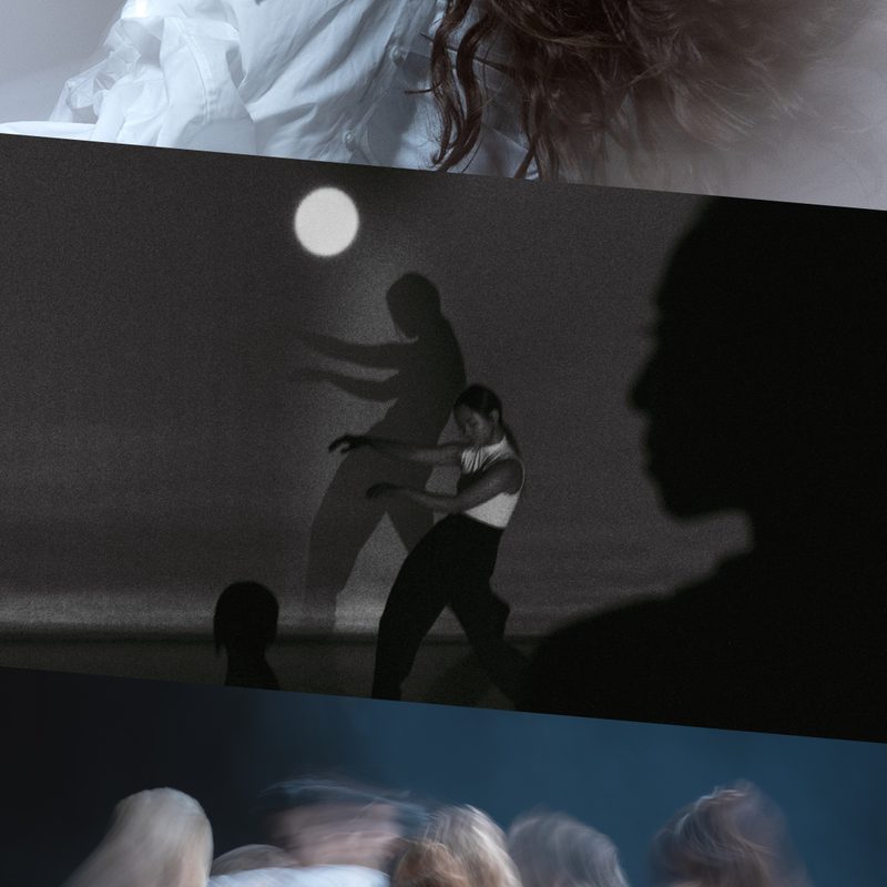 This image is divided into three parts. On the top, blurred image of a person captured mid-movement, with their long hair and loose white attire set in flowing motion. In the centre, black and white image of three people on stage: two in silhouette – one a close-up profile, the other seated in the distance – and one visible figure wearing a white top and black trousers, posed sideways, leaning back with arms held in front of her body; the backdrop features a round light resembling a full moon. On the bottom, blurred image of a person captured mid-movement, with their long hair and loose white attire set in flowing motion.