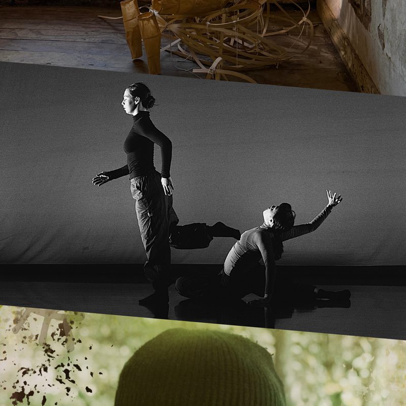 This image is divided into three parts. On the top, a decrepit room with peeling paint and a rundown wooden floor, featuring a distorted mannequin sitting on an abstract structure by a window, while another abstract structure hangs from the ceiling. In the centre, black and white image of two people, one standing sideways with a leg bent backward, nearly touching the other, who sits with one leg bent and the other extended back, leaning on one arm and reaching the other behind them. On the bottom, a layered image showing the back of a person wearing a black balaclava, positioned against a background of trees and overlaid with a translucent perspective view of a columned pavilion.