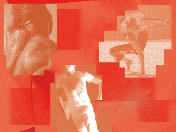 A collage of dancers bodies in motion, in orange and peach