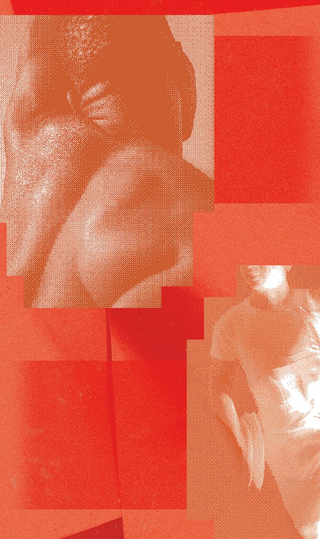 A collage of dancers bodies in motion, in orange and peach